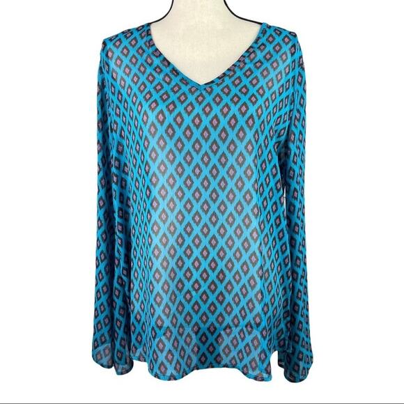 Wrangler Rock 47 Lightweight Semi Sheer Vneck Blouse Top Bell Sleeve Blue Medium - Picture 1 of 7